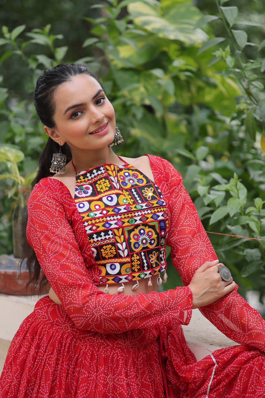 Navratri Wear Bandhej Print Georgette Lehenga With Gamthi Embroidered Top