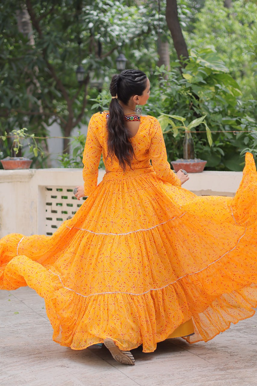 Navratri Wear Bandhej Print Georgette Lehenga With Gamthi Embroidered Top