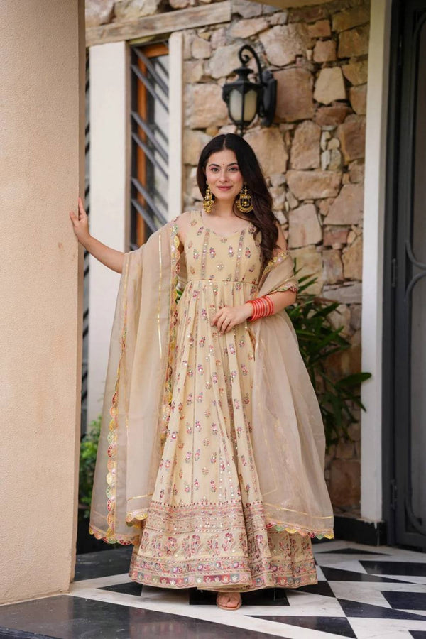 Designer Beige Color Embroidered Anarkali Gown with Pants & Dupatta