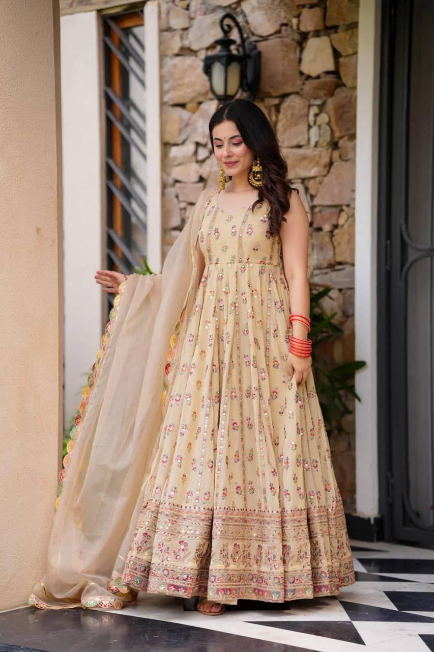 Designer Beige Color Embroidered Anarkali Gown with Pants & Dupatta