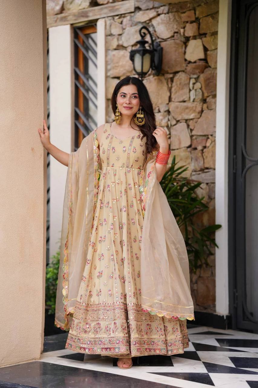 Designer Beige Color Embroidered Anarkali Gown with Pants & Dupatta