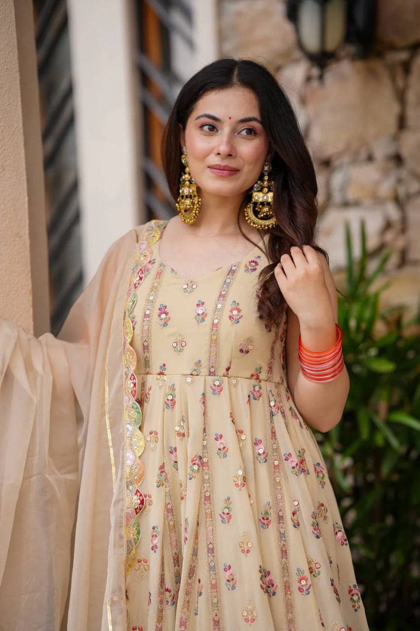 Designer Beige Color Embroidered Anarkali Gown with Pants & Dupatta