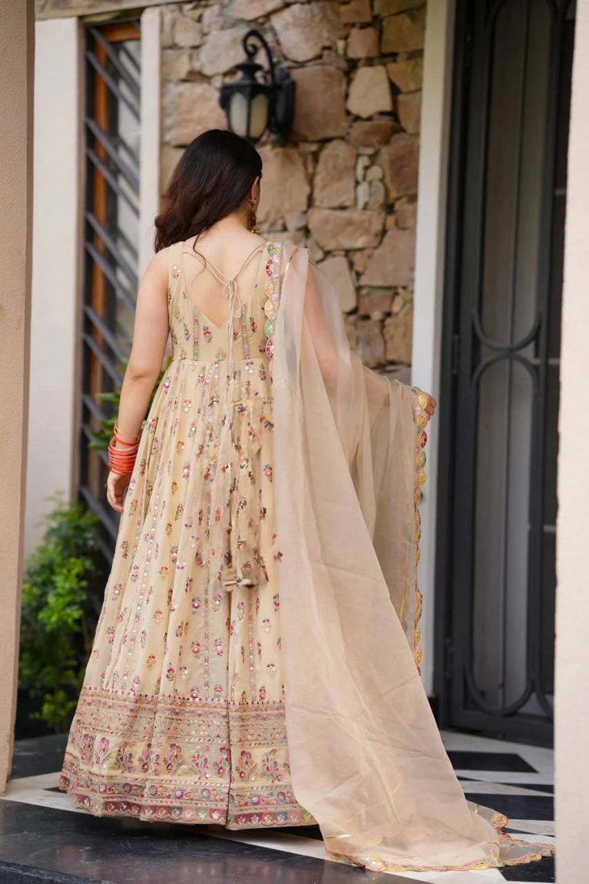 Designer Beige Color Embroidered Anarkali Gown with Pants & Dupatta