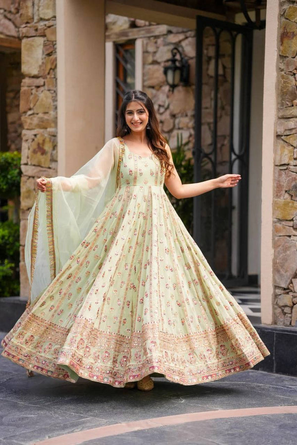 Designer Pista Color Embroidered Anarkali Gown with Pants & Dupatta