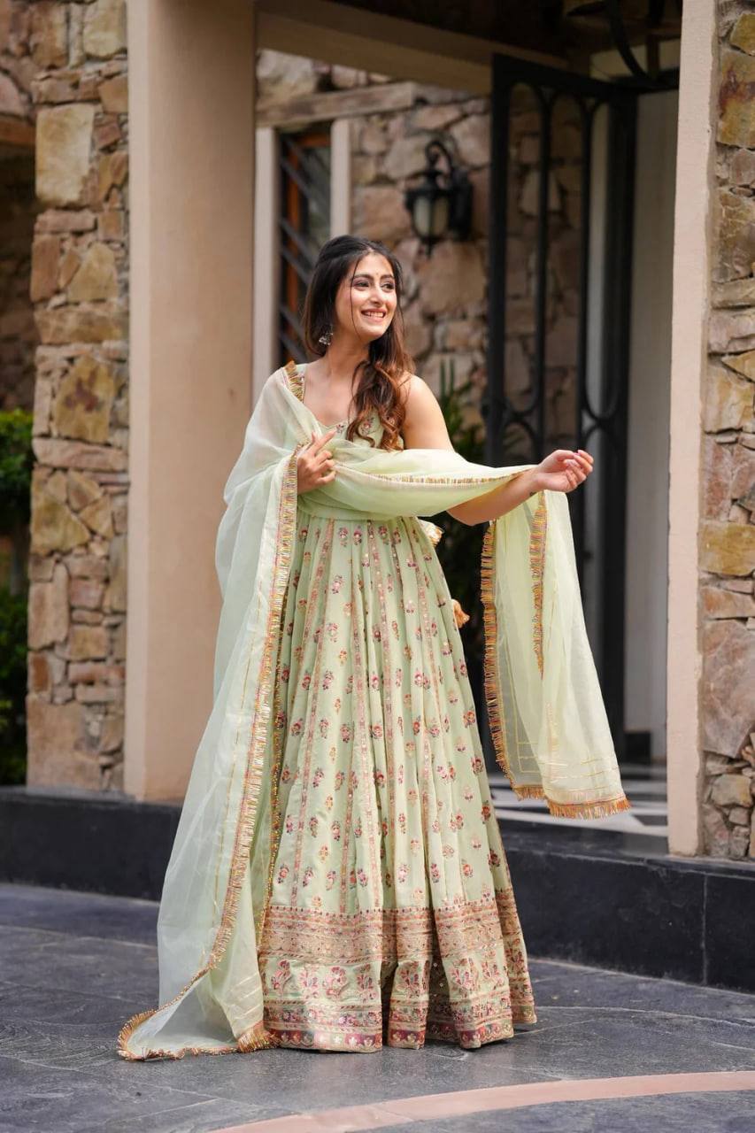 Designer Pista Color Embroidered Anarkali Gown with Pants & Dupatta