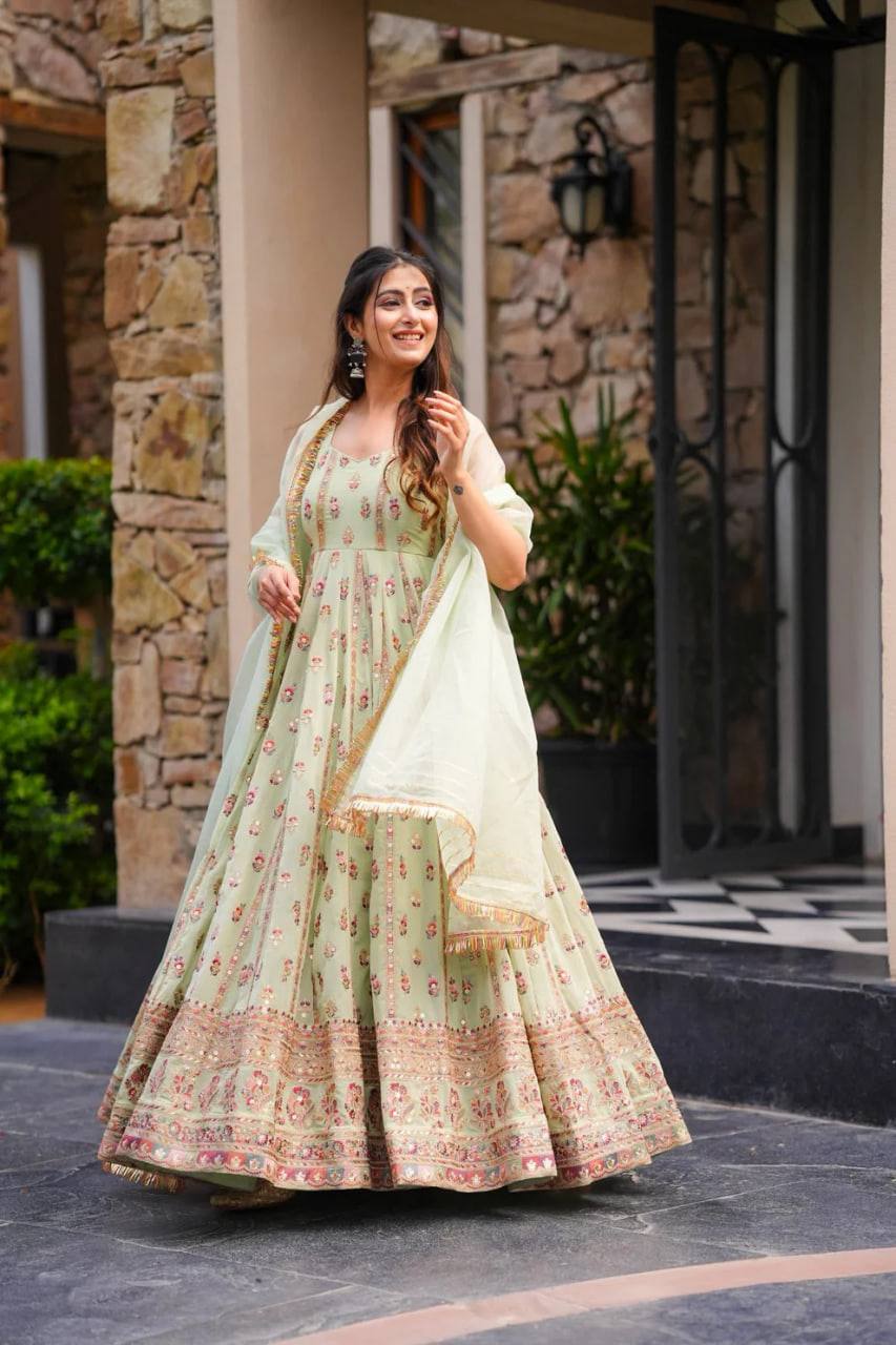 Designer Pista Color Embroidered Anarkali Gown with Pants & Dupatta