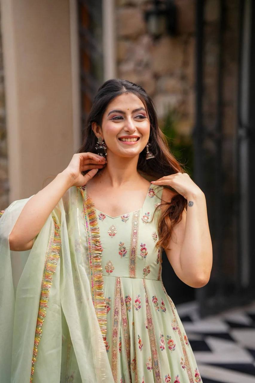 Designer Pista Color Embroidered Anarkali Gown with Pants & Dupatta