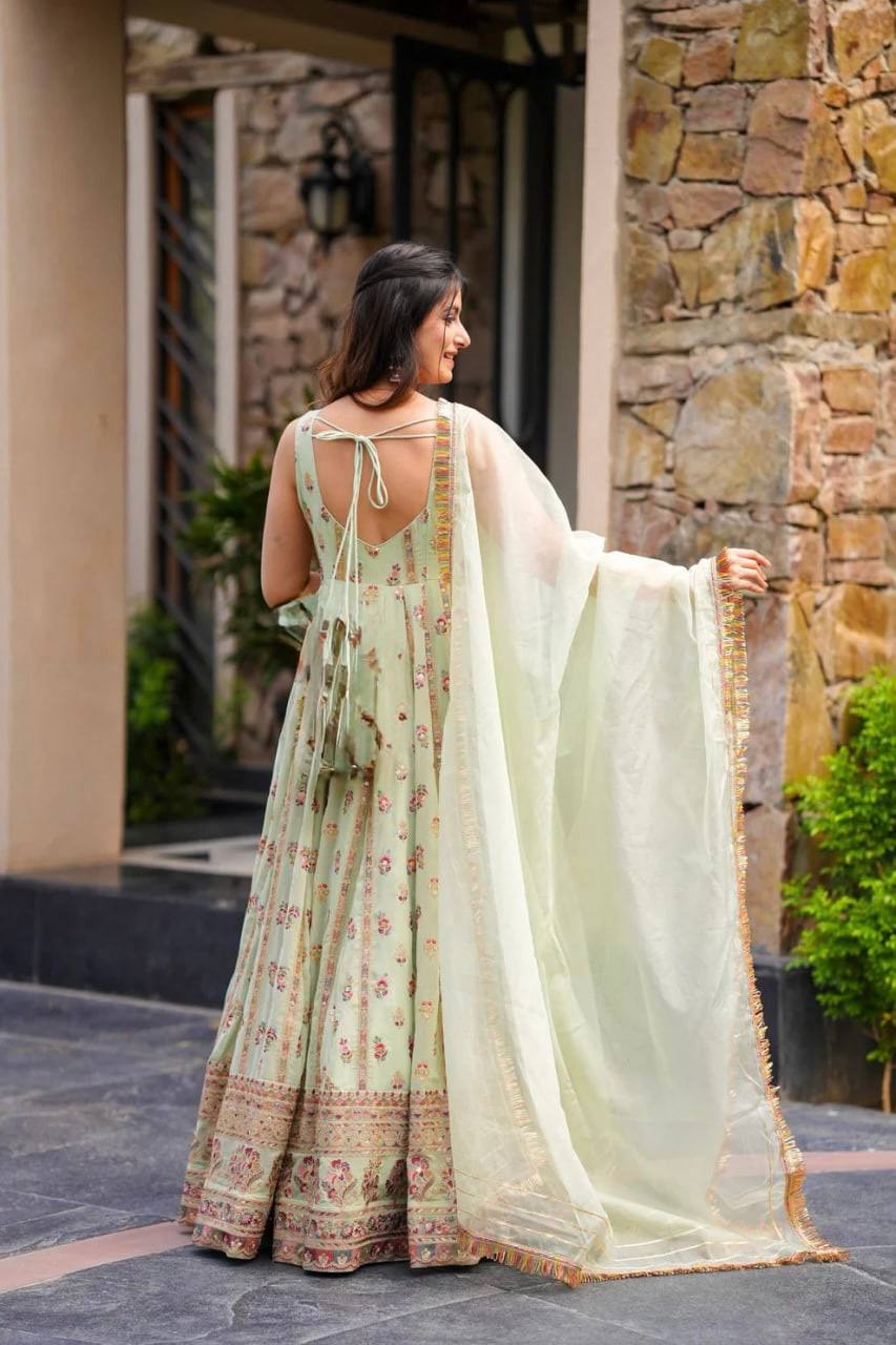 Designer Pista Color Embroidered Anarkali Gown with Pants & Dupatta