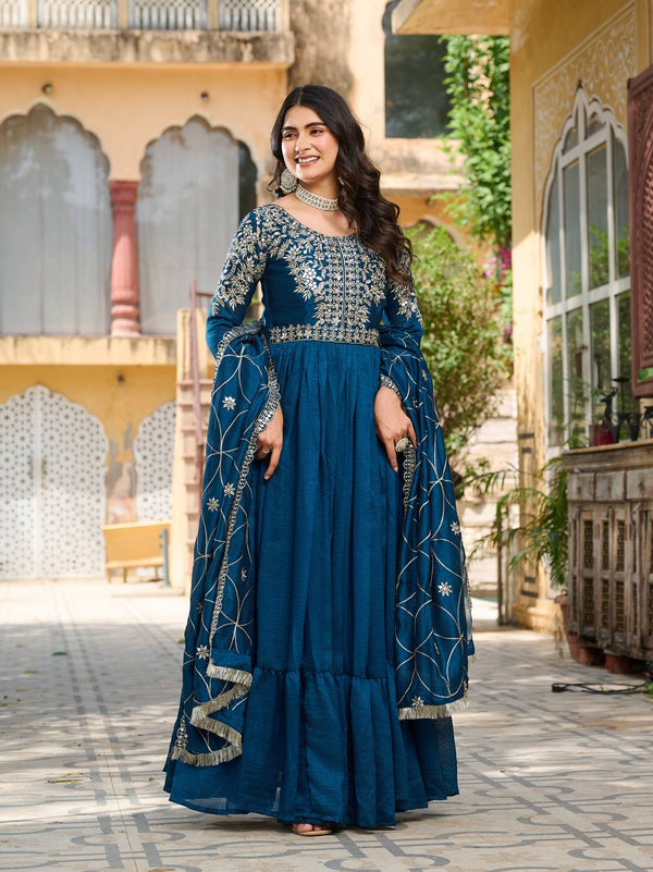Luxuriant Teal Blue Color Pure Vichitra Silk And Sequence Embroidery Work Gown