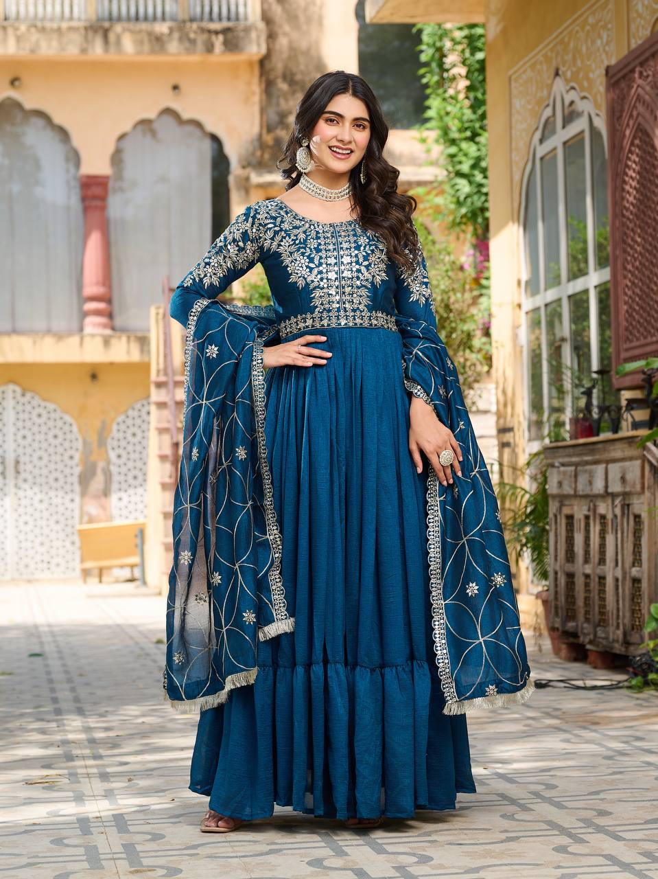 Luxuriant Teal Blue Color Pure Vichitra Silk And Sequence Embroidery Work Gown