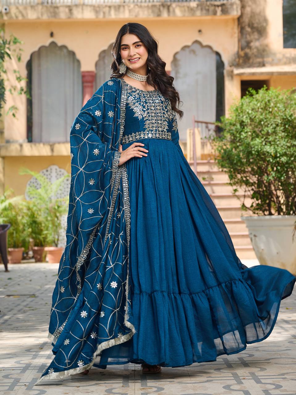 Luxuriant Teal Blue Color Pure Vichitra Silk And Sequence Embroidery Work Gown