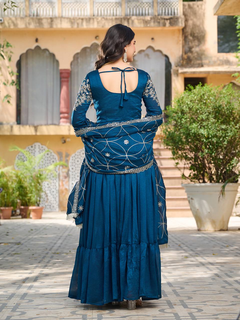 Luxuriant Teal Blue Color Pure Vichitra Silk And Sequence Embroidery Work Gown