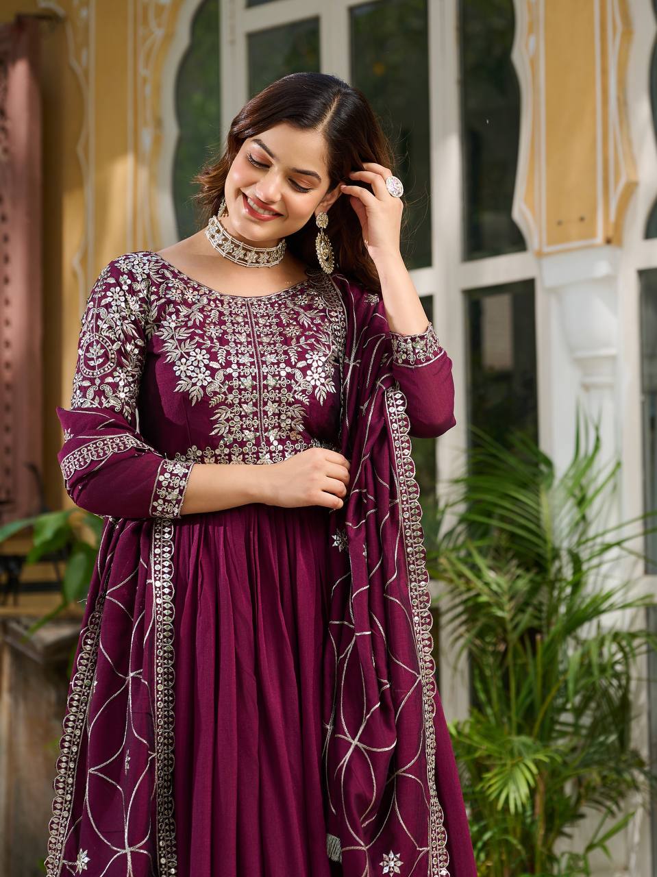 Luxuriant Wine Color Pure Vichitra Silk And Sequence Embroidery Work Gown