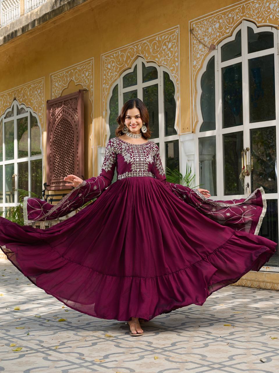 Luxuriant Wine Color Pure Vichitra Silk And Sequence Embroidery Work Gown