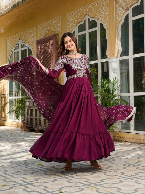 Luxuriant Wine Color Pure Vichitra Silk And Sequence Embroidery Work Gown