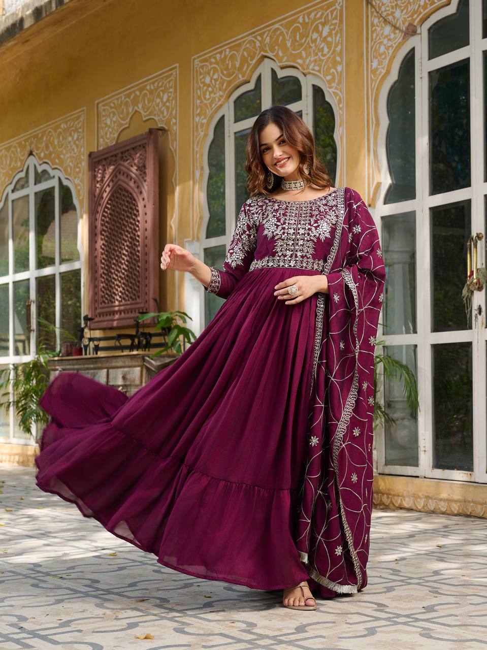 Luxuriant Wine Color Pure Vichitra Silk And Sequence Embroidery Work Gown
