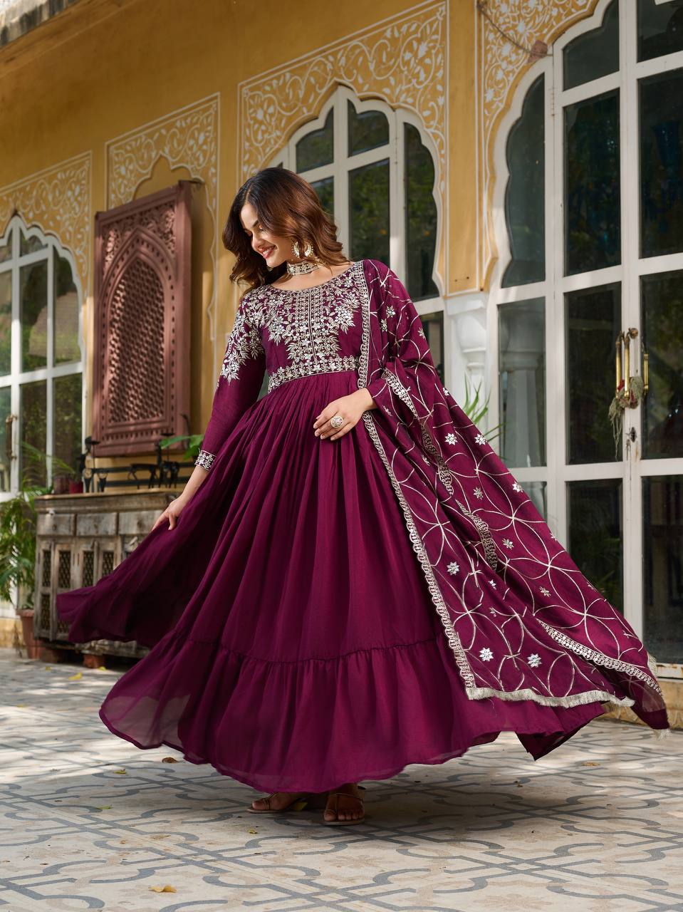 Luxuriant Wine Color Pure Vichitra Silk And Sequence Embroidery Work Gown