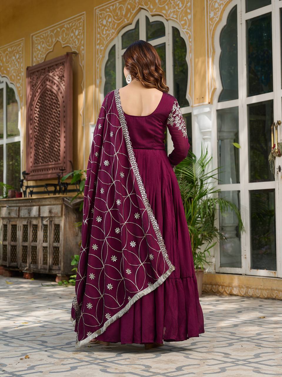Luxuriant Wine Color Pure Vichitra Silk And Sequence Embroidery Work Gown