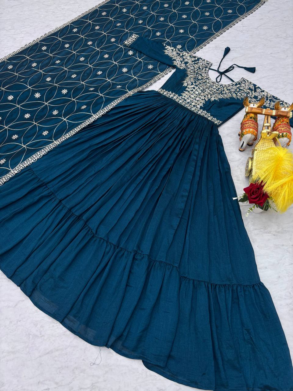 Luxuriant Teal Blue Color Pure Vichitra Silk And Sequence Embroidery Work Gown