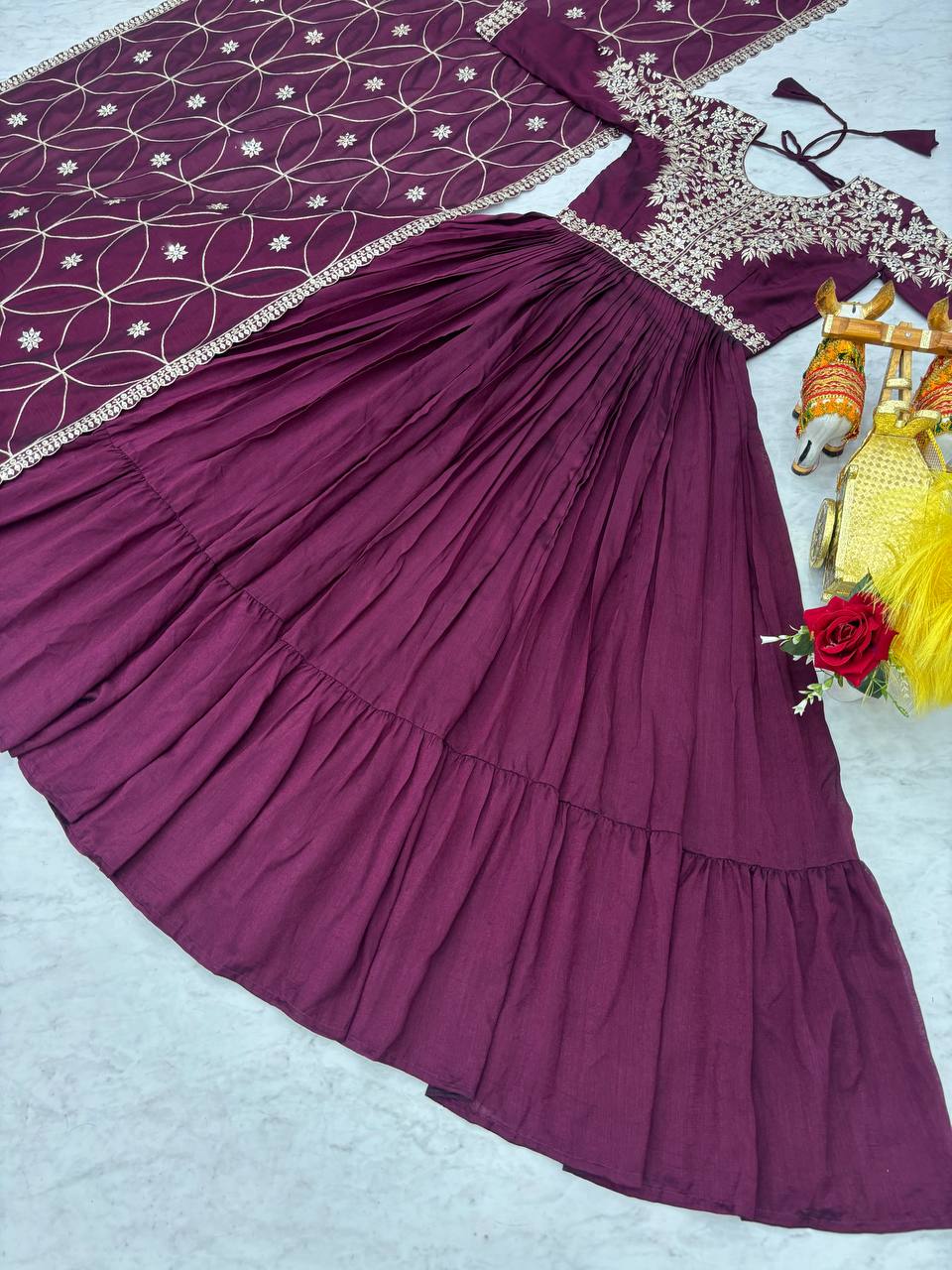 Luxuriant Wine Color Pure Vichitra Silk And Sequence Embroidery Work Gown