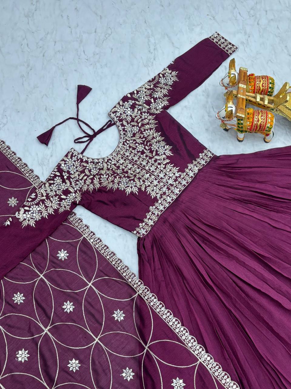 Luxuriant Wine Color Pure Vichitra Silk And Sequence Embroidery Work Gown