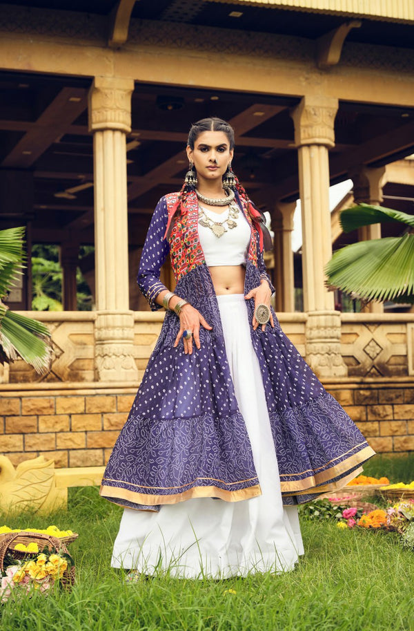 Navratri Wear Blue Color Pure Cotton Ready To Wear Lehenga Choli With Shrug