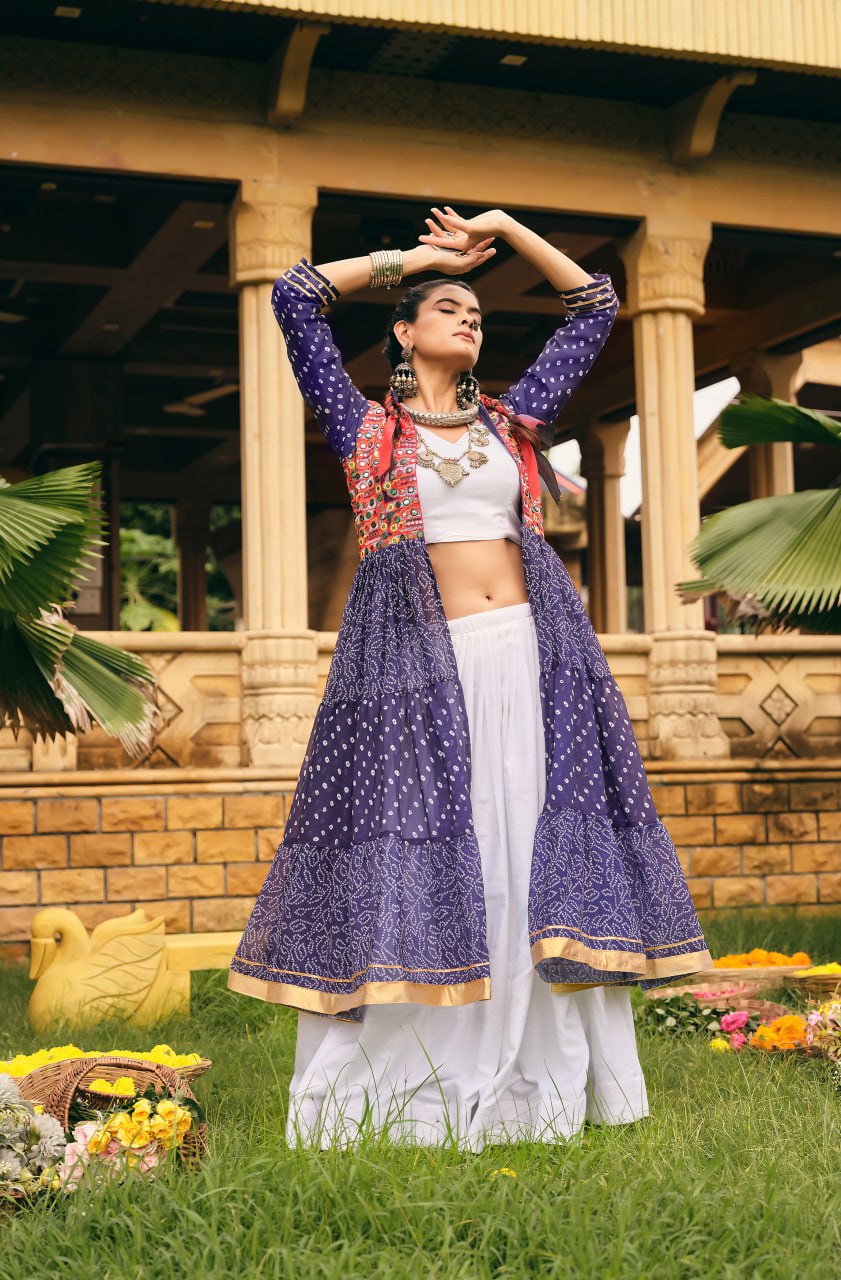 Navratri Wear Blue Color Pure Cotton Ready To Wear Lehenga Choli With Shrug