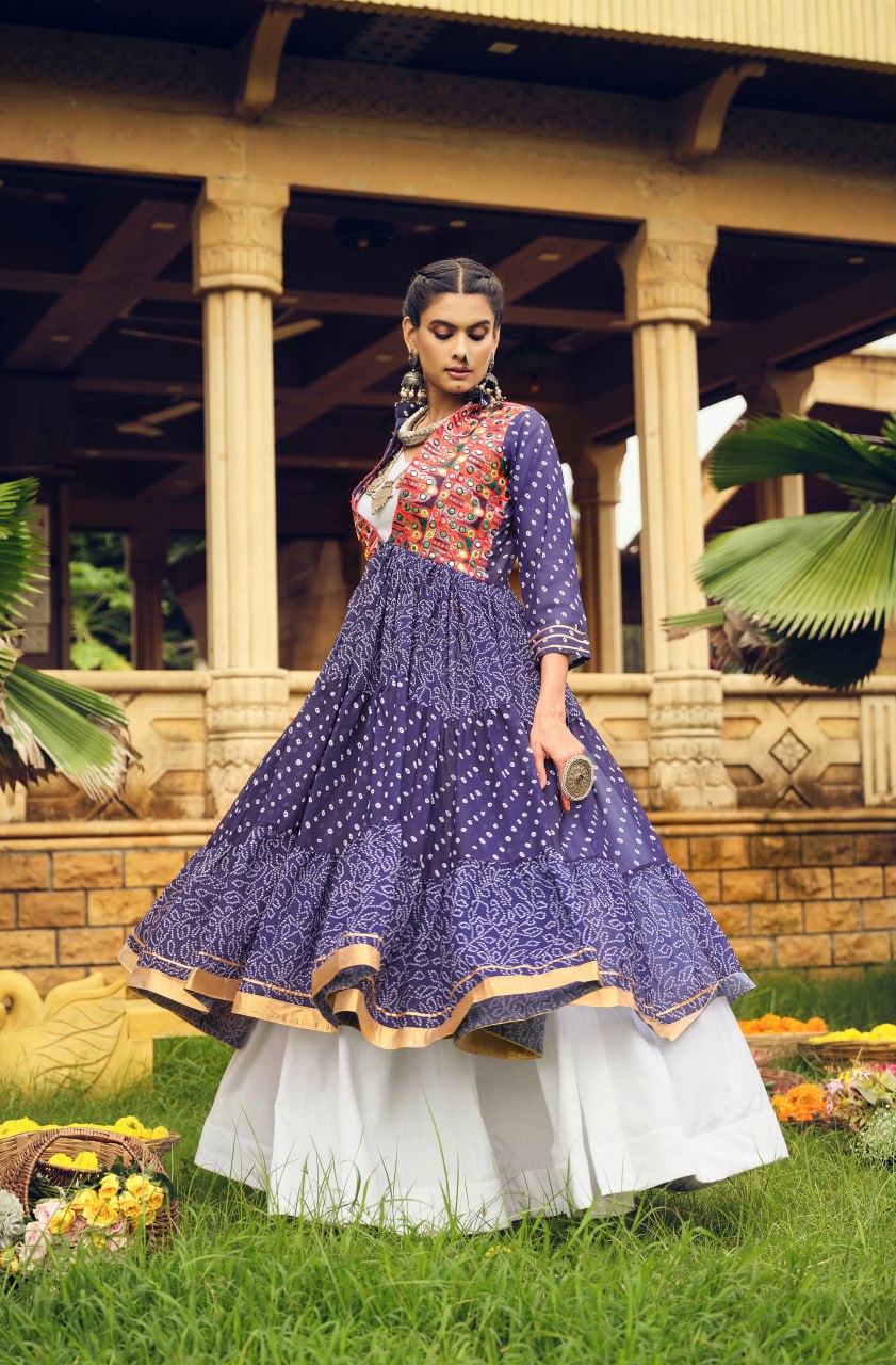 Navratri Wear Blue Color Pure Cotton Ready To Wear Lehenga Choli With Shrug