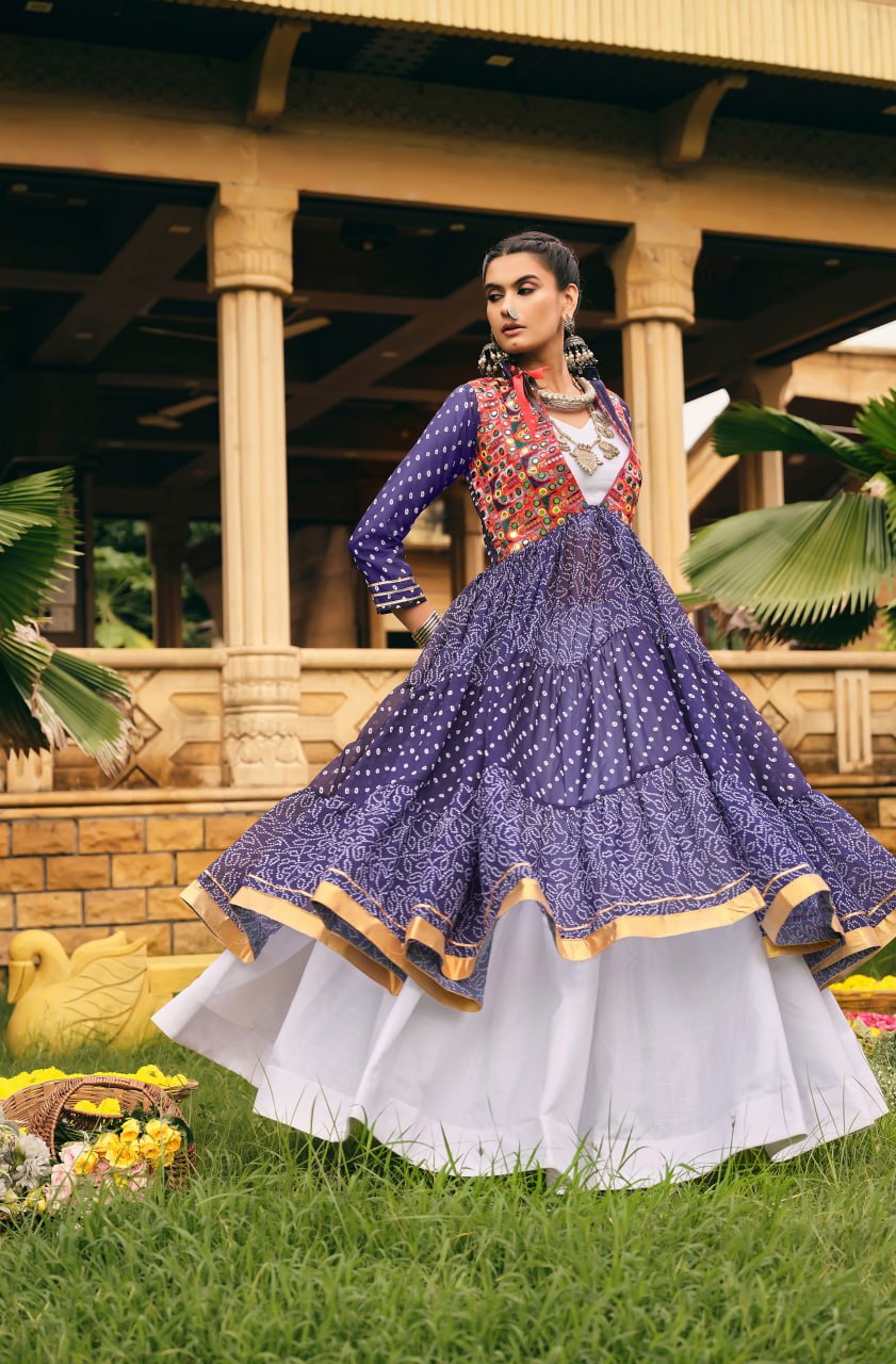 Navratri Wear Blue Color Pure Cotton Ready To Wear Lehenga Choli With Shrug