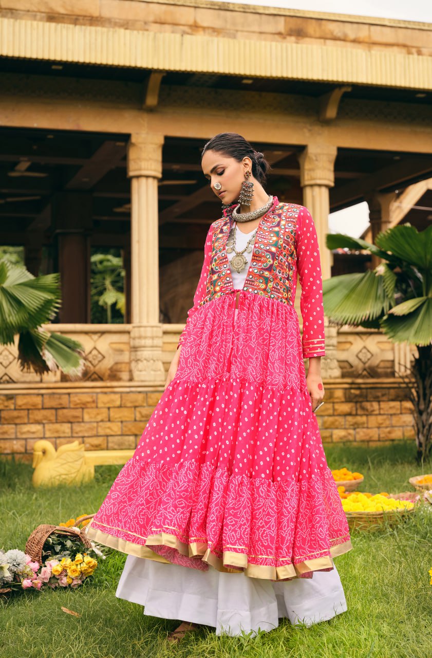 Navratri Wear Pink Color Pure Cotton Ready To Wear Lehenga Choli With Shrug