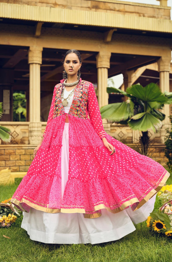 Navratri Wear Pink Color Pure Cotton Ready To Wear Lehenga Choli With Shrug