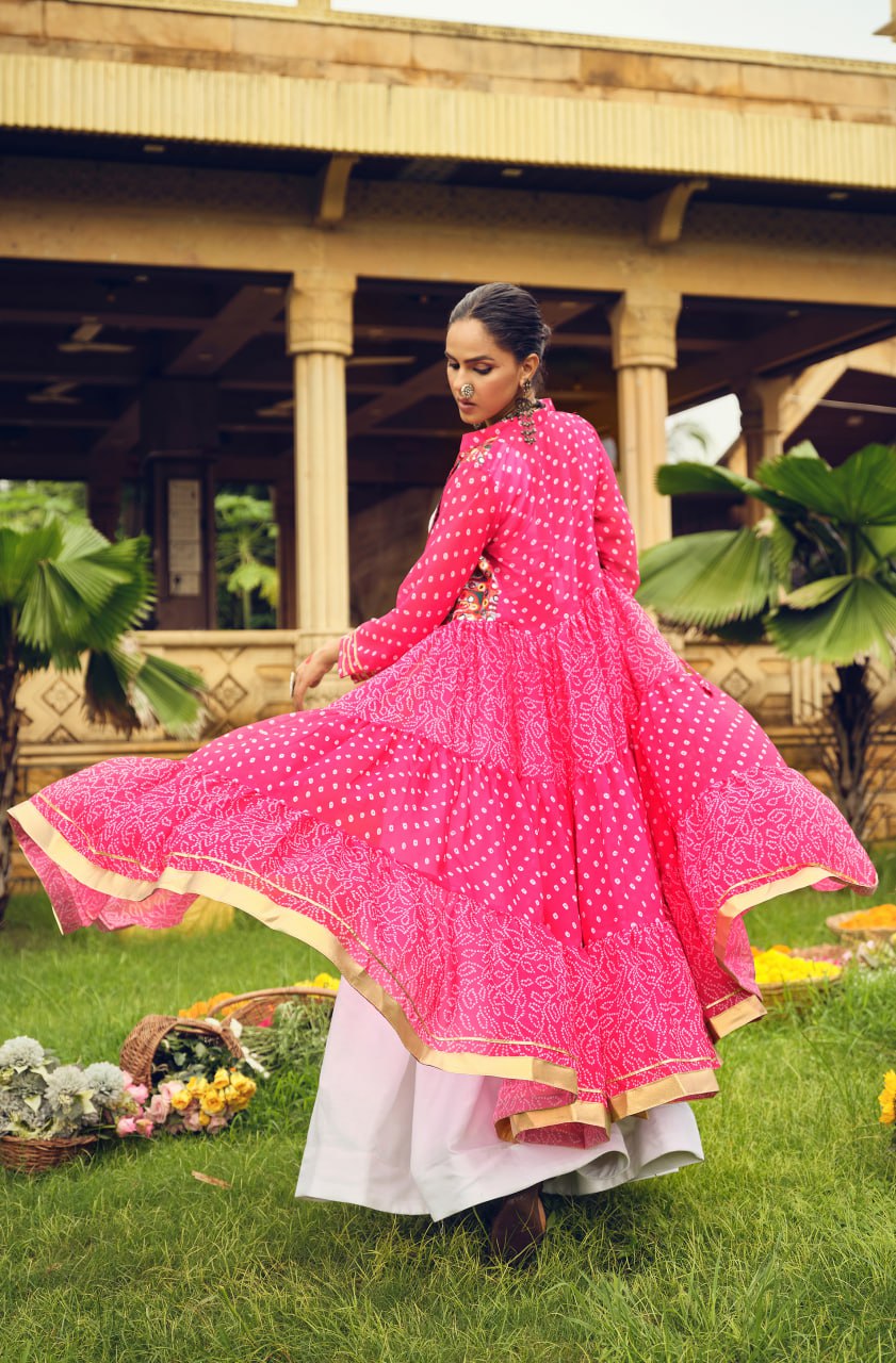 Navratri Wear Pink Color Pure Cotton Ready To Wear Lehenga Choli With Shrug