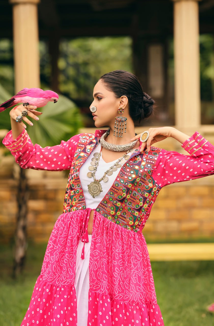 Navratri Wear Pink Color Pure Cotton Ready To Wear Lehenga Choli With Shrug