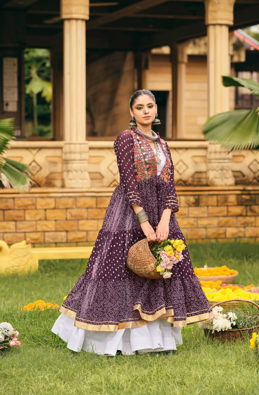 Navratri Wear Wine Color Pure Cotton Ready To Wear Lehenga Choli With Shrug