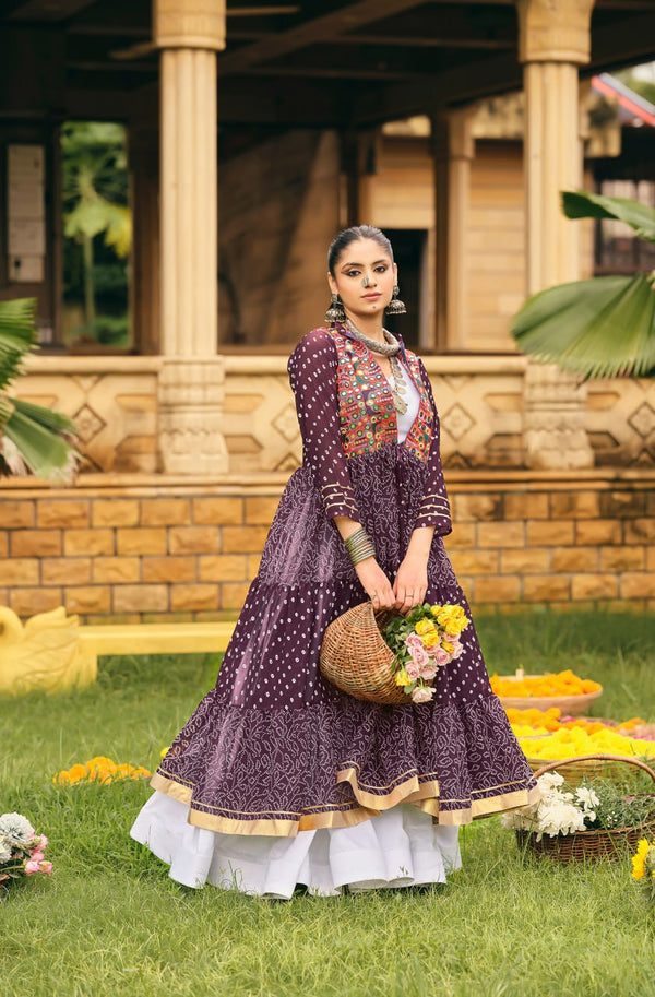 Navratri Wear Wine Color Pure Cotton Ready To Wear Lehenga Choli With Shrug