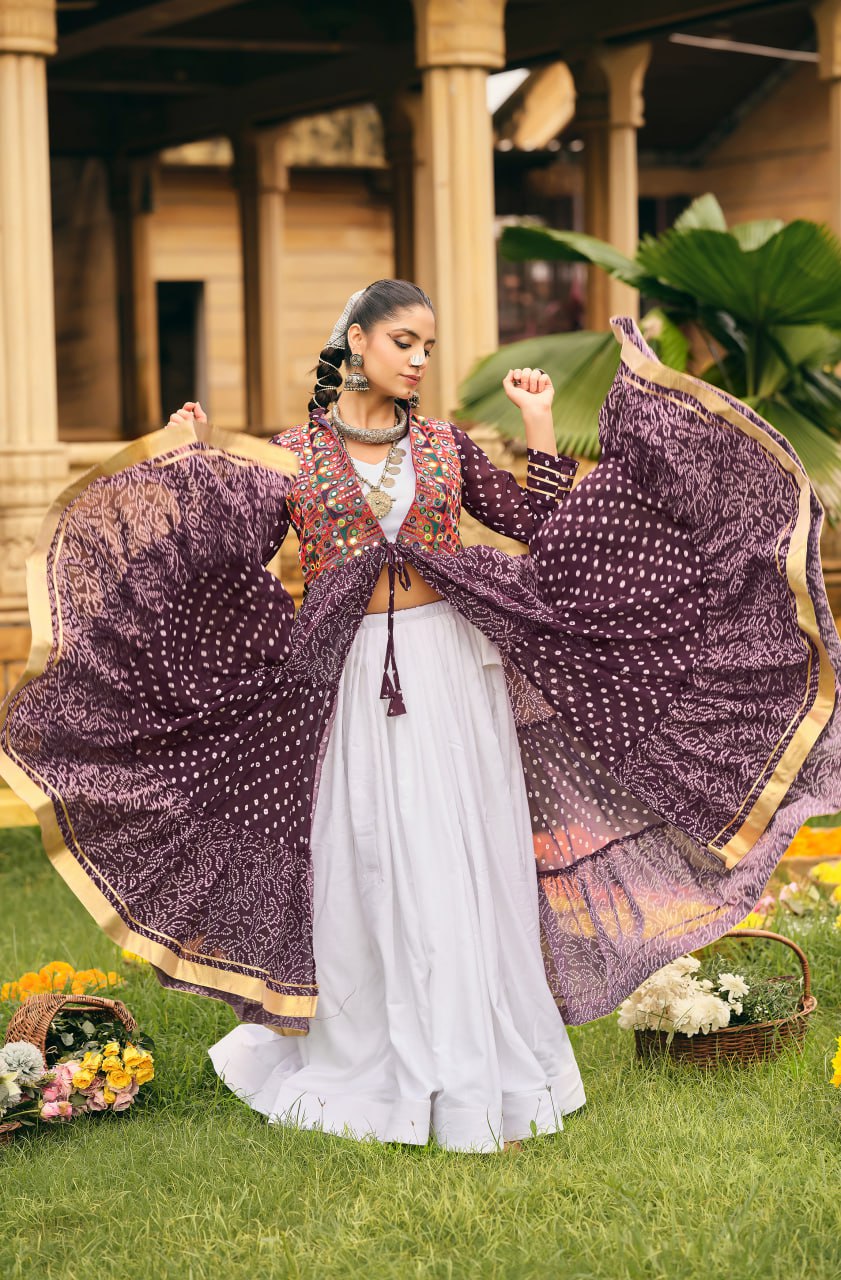 Navratri Wear Wine Color Pure Cotton Ready To Wear Lehenga Choli With Shrug