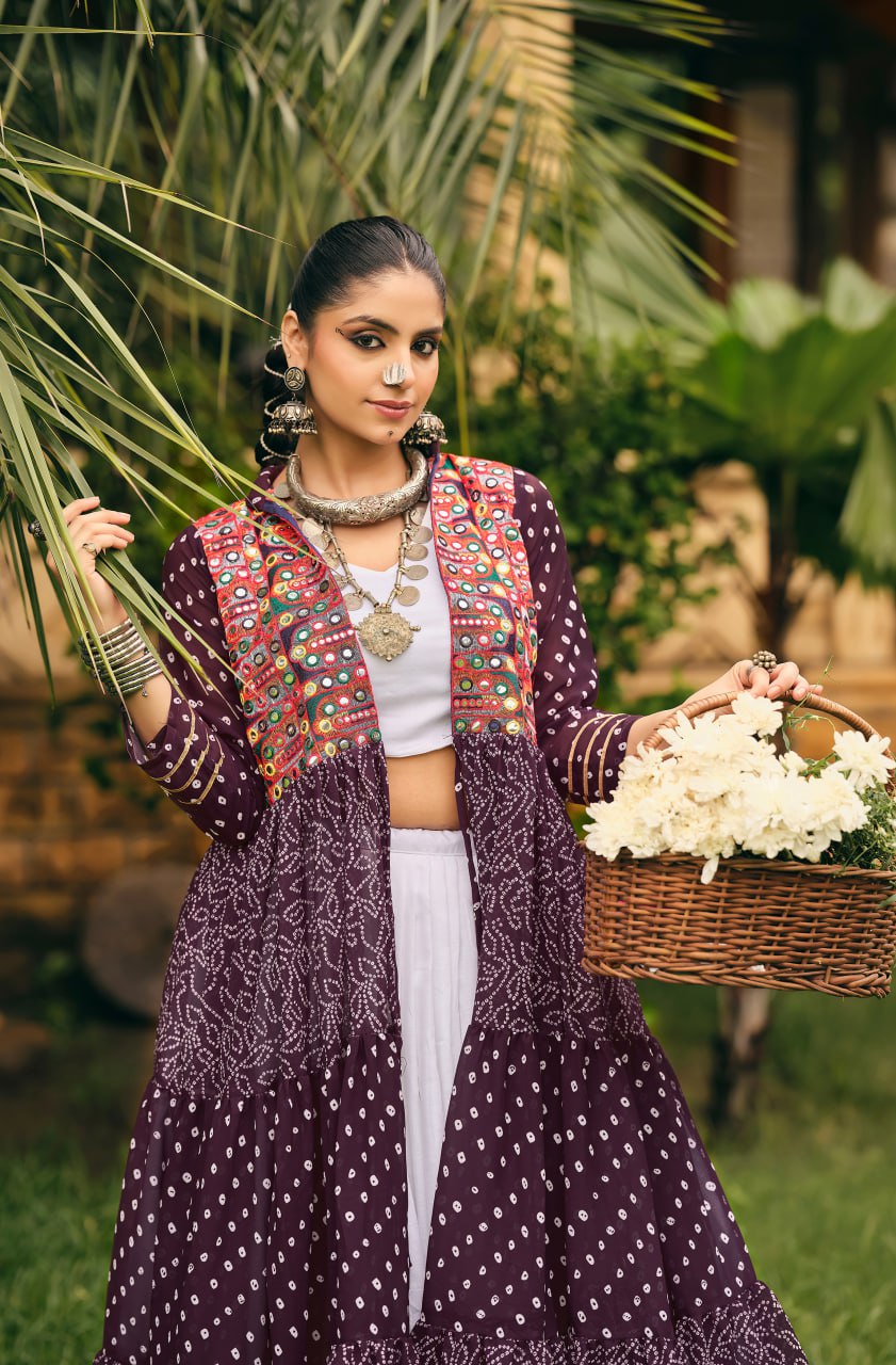 Navratri Wear Wine Color Pure Cotton Ready To Wear Lehenga Choli With Shrug