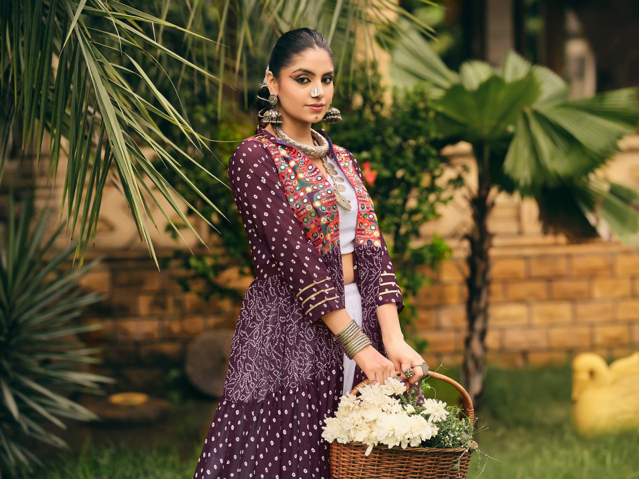 Navratri Wear Wine Color Pure Cotton Ready To Wear Lehenga Choli With Shrug