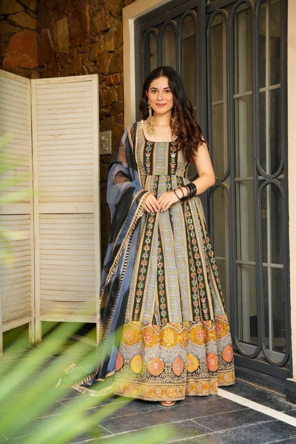 Engagements Wear Multi Color Digital Printed Anarkali Gown