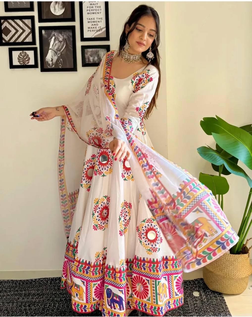Navratri Designer Off White Color Digital Printed Long Kurti With Dupatta