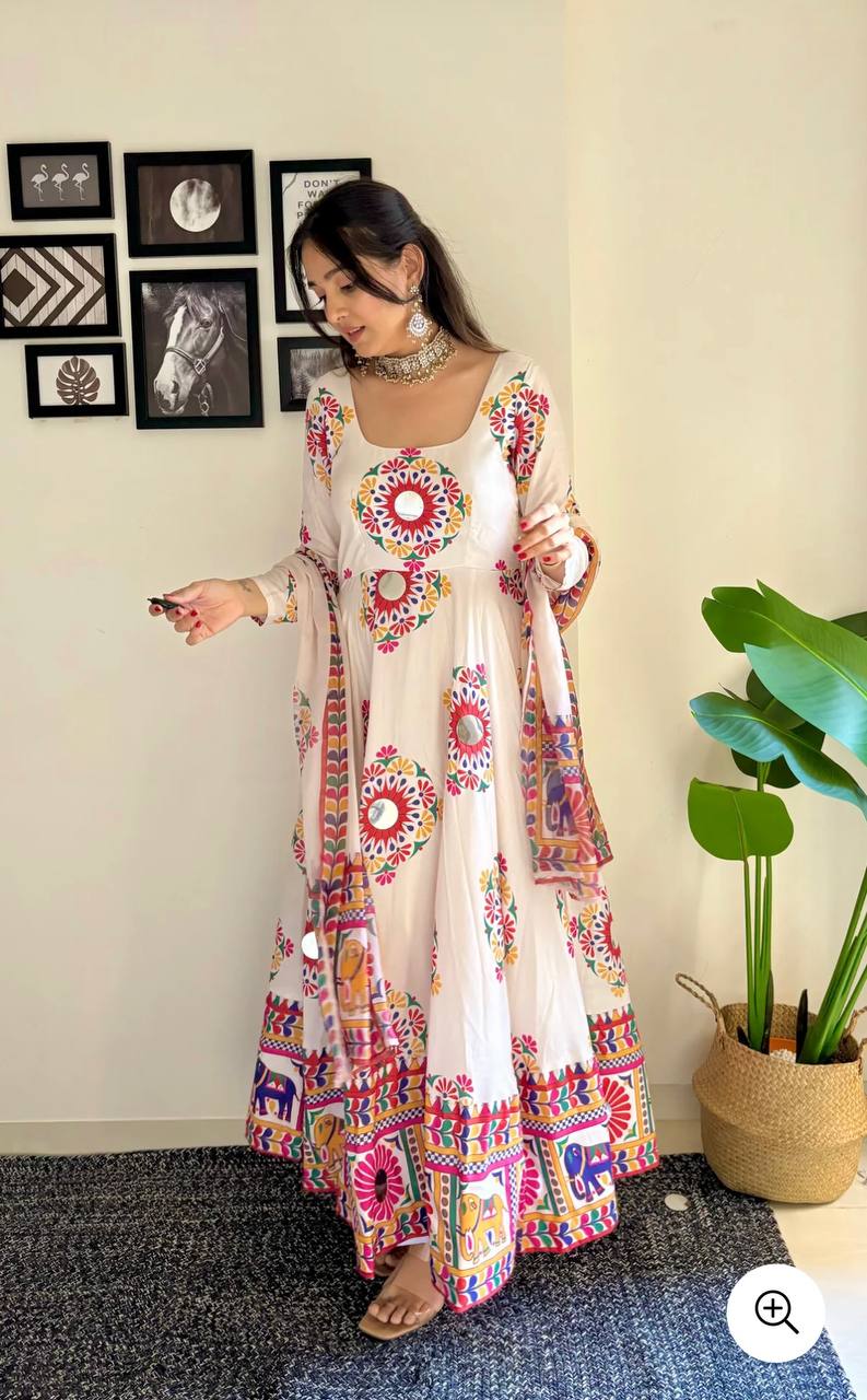 Navratri Designer Off White Color Digital Printed Long Kurti With Dupatta