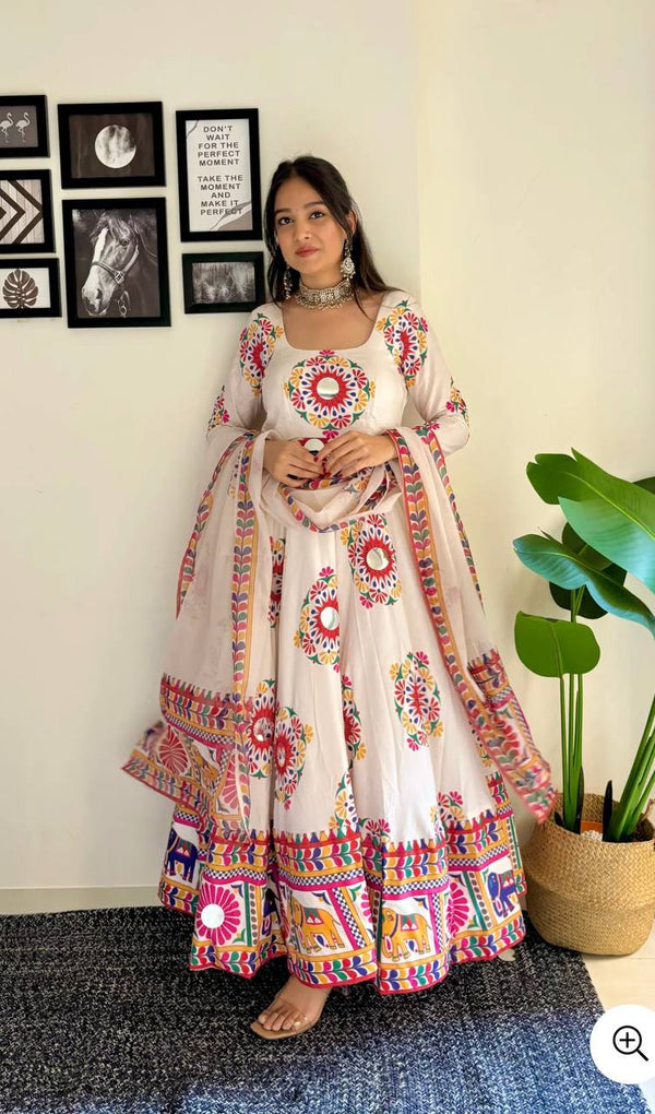 Navratri Designer Off White Color Digital Printed Long Kurti With Dupatta