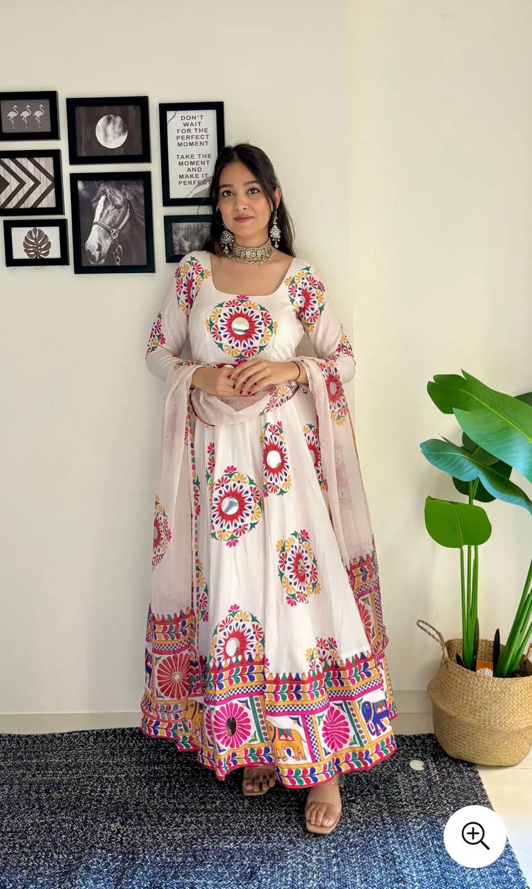 Navratri Designer Off White Color Digital Printed Long Kurti With Dupatta