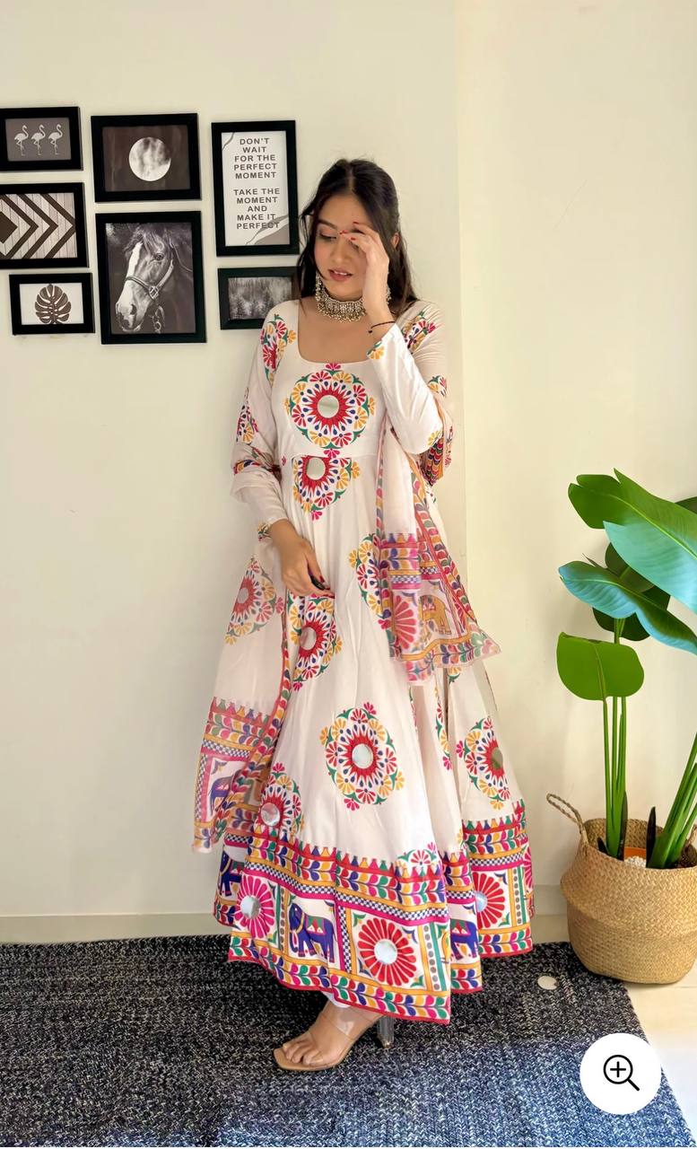 Navratri Designer Off White Color Digital Printed Long Kurti With Dupatta