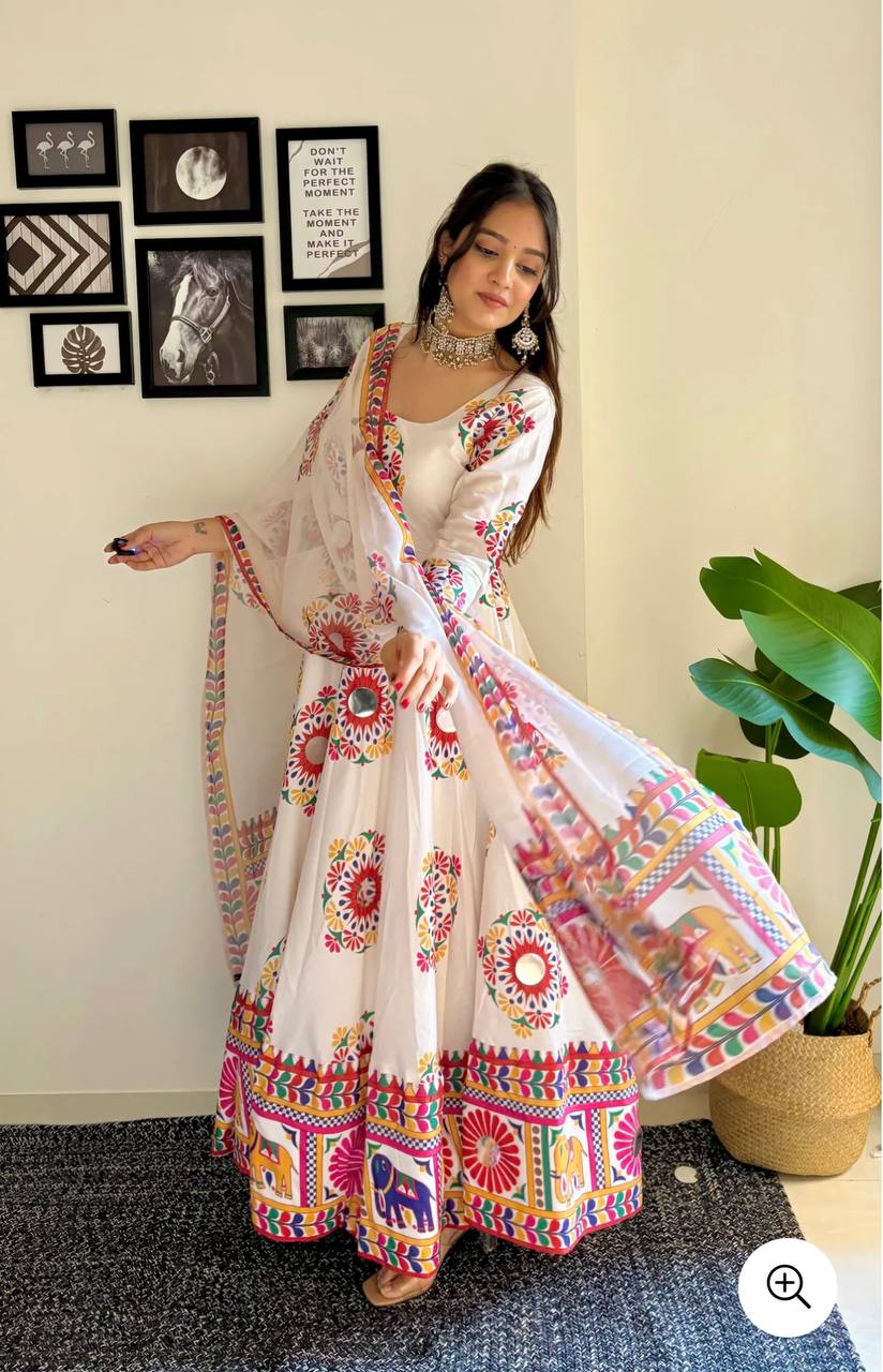Navratri Designer Off White Color Digital Printed Long Kurti With Dupatta