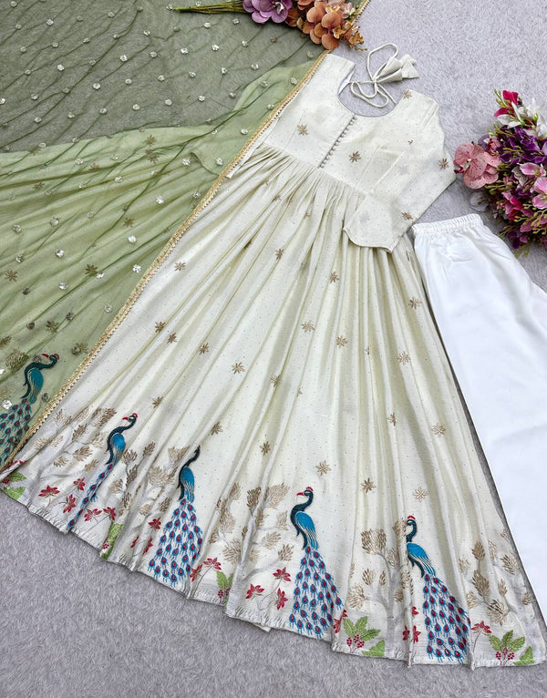 Off White Color Embroidered Designer Gown Set