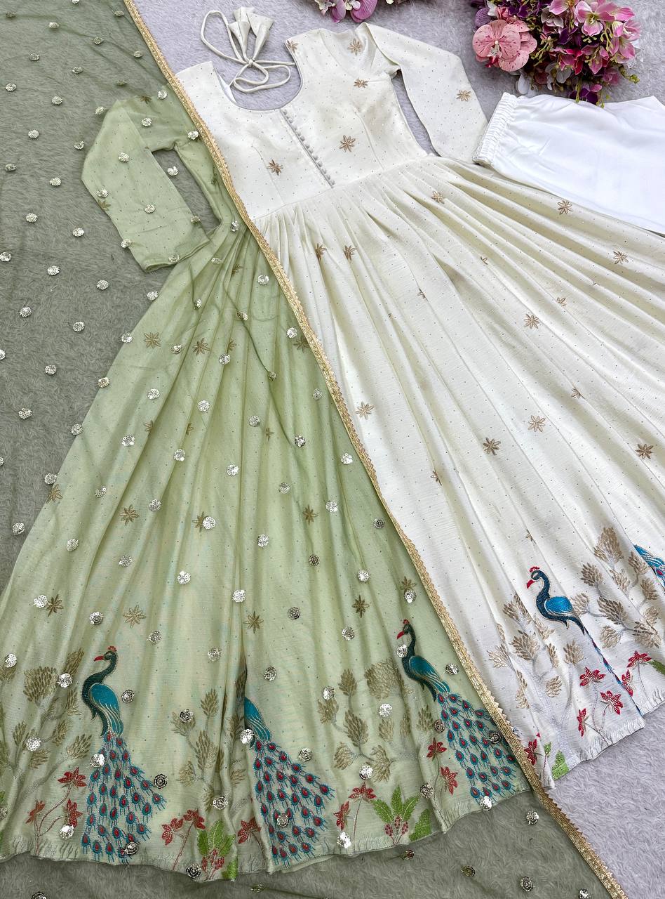 Off White Color Embroidered Designer Gown Set