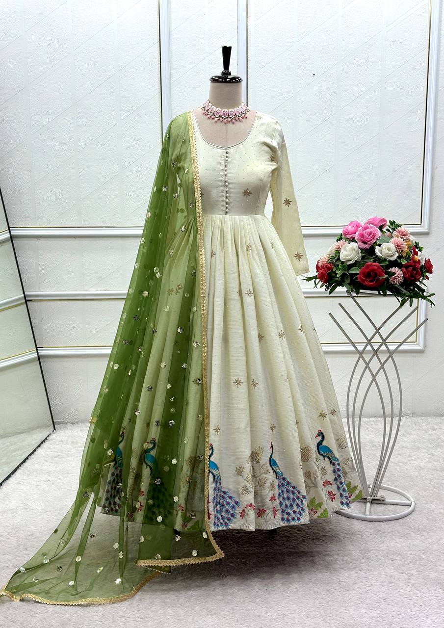 Off White Color Embroidered Designer Gown Set