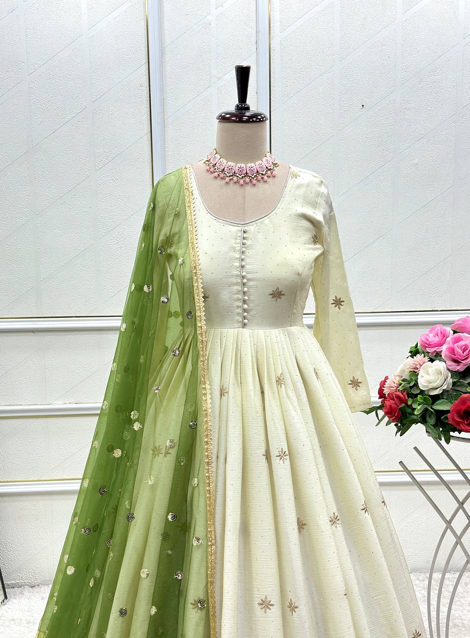 Off White Color Embroidered Designer Gown Set