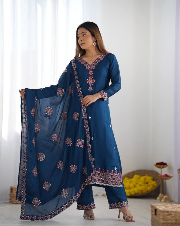 Party Wear Teal Blue Color Embroidery Work Salwar Suit